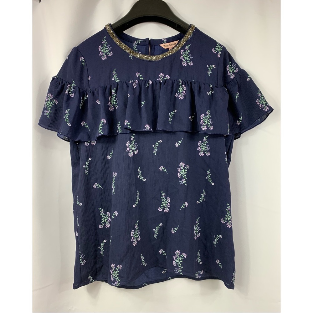 NWT JUICY COUTURE Floral Ruffle Blouse Navy Blue S